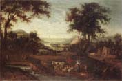 An extensive river landscape with drovers and their animals